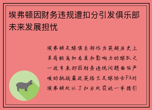埃弗顿因财务违规遭扣分引发俱乐部未来发展担忧