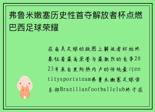 弗鲁米嫩塞历史性首夺解放者杯点燃巴西足球荣耀